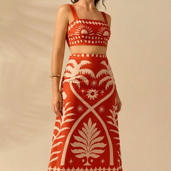 Dresses & Skirts - Orange Boho Women's Coconut Print Cropped Cami Top And Fitted Maxi Skirt Set
